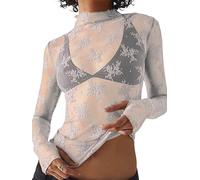 Springcmy Women Sexy Mock Turtle Neck Long Sleeve Sheer Mesh Lace Floral See Through Swiss Dots Going Out Layering Slim Fit Tops Streetwear (B-Gray, L)