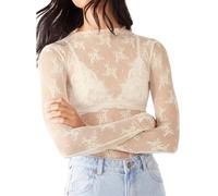 Springcmy Women Sexy Mock Turtle Neck Long Sleeve Sheer Mesh Lace Floral See Through Swiss Dots Going Out Layering Slim Fit Tops Streetwear (B-White, S)
