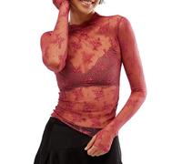 Springcmy Women Sexy Mock Turtle Neck Long Sleeve Sheer Mesh Lace Floral See Through Swiss Dots Going Out Layering Slim Fit Tops Streetwear (B-Red, M)