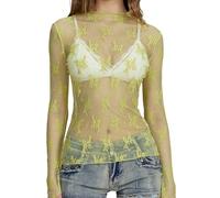 Springcmy Women Sexy Mock Turtle Neck Long Sleeve Sheer Mesh Lace Floral See Through Swiss Dots Going Out Layering Slim Fit Tops Streetwear (B-Green, M)