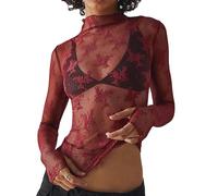 Springcmy Women Sexy Mock Turtle Neck Long Sleeve Sheer Mesh Lace Floral See Through Swiss Dots Going Out Layering Slim Fit Tops Streetwear (B-Wine Red, M)