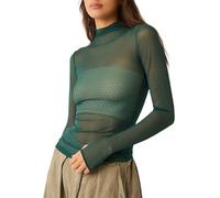 Springcmy Women Sexy Mock Turtle Neck Long Sleeve Sheer Mesh Ruched See Through Swiss Dots Going Out Layering Slim Fit Tops Streetwear (A-Army Green, M)