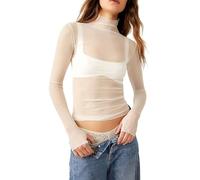 Springcmy Women Sexy Mock Turtle Neck Long Sleeve Sheer Mesh Ruched See Through Swiss Dots Going Out Layering Slim Fit Tops Streetwear (A-White, L)