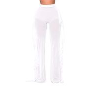 Springcmy Women Sexy Perspective Mesh Sheer Swim Long Pants Bikini Bottom Cover Up Ruffle High Waist Wide Leg Pants Clubwear (A White, S)