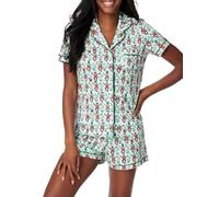 Springcmy Women Short Sleeve Pajamas Set 2Pcs Button Down Monkey Graphic Top+Y2k Shorts Set Roller Dupes Loungewear Pjs Nightwear Sleepwear (B-Green, S)