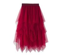 Springcmy Women Tutu Tulle Skirt Elastic High Waist Embroidery 3D Layered Skirt Floral Print Mesh A-Line Midi Swing Skirt (C-Red, One Size)