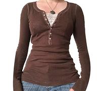 Springcmy Women Y2K Long Sleeve Lace Trim V Neck Button Down T shirt Slim Fit Harajuku Vintage Streetwear Blouse Tops (C-Brown, S)