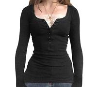 Springcmy Women Y2K Long Sleeve Lace Trim V Neck Button Down T shirt Slim Fit Harajuku Vintage Streetwear Blouse Tops (C-Black, M)
