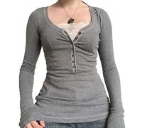 Springcmy Women Y2K Long Sleeve Lace Trim V Neck Button Down T shirt Slim Fit Harajuku Vintage Streetwear Blouse Tops (C-Grey, S)