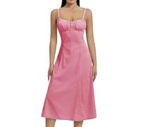 Springcmy Women Y2k Square Neck Low Cut Sleeveless Bustier Long Maxi Ruffle Dress Cottagecore Spaghetti Strap Sundress Beach Dress (B-Pink, S)
