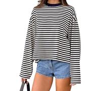 Springcmy Women Y2k Striped Long Sleeve Shirt Drop Shoulder Crewneck Sweatshirt Fall Winter Fairy Grunge Preppy Pullover Tops Streetwear (A-Navy Blue, S)