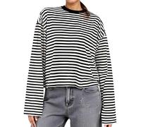 Springcmy Women Y2k Striped Long Sleeve Shirt Drop Shoulder Crewneck Sweatshirt Fall Winter Fairy Grunge Preppy Pullover Tops Streetwear (B-Black, L)