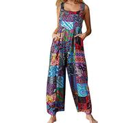 Springcmy Women's Loose Overall Dungarees Floral Jumpsuit Sleeveless Casual Baggy Playsuit Summer Wide Leg Long Pants Romper (A-Blue, XL)