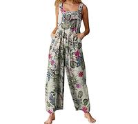Springcmy Women's Loose Overall Dungarees Floral Jumpsuit Sleeveless Casual Baggy Playsuit Summer Wide Leg Long Pants Romper (C-Beige, XL)
