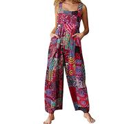 Springcmy Women's Loose Overall Dungarees Floral Jumpsuit Sleeveless Casual Baggy Playsuit Summer Wide Leg Long Pants Romper (A-Red, XL)