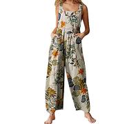 Springcmy Women's Loose Overall Dungarees Floral Jumpsuit Sleeveless Casual Baggy Playsuit Summer Wide Leg Long Pants Romper (C-Yellow, XL)