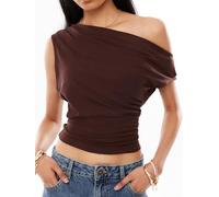 Springcmy Women's Off One Shoulder Crop Top Ruched Asymmetrical Dolman Short Sleeve Trendy Y2K T Shirt Streetwear (A Dark Brown, S)