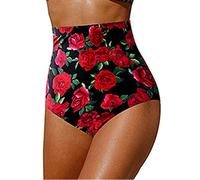 Springcmy Women's Plus Size High Waisted Floral Swimsuit Bikini Bottoms Tummy Control Tankini Brief Bottoms Swim Shorts (A-Red, M)