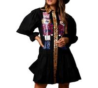 Springcmy Womens Sequin Christmas Nutcracker Shirt Dress Sequin Party Santa Sweatshirt Dress Long Sleeve Tiered Pleated Mini Dress (A-Black, L)