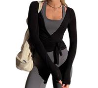 Springcmy Womes Tie Wrap Wrap Sexy Deep V Neck Tie Front Long Sleeve Tops Slim Fit Yoga Ballet Pilates Shirts Workout T Shirts (A Black, M)