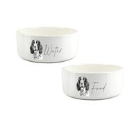 Springer Spaniel Pet Bowl Set - Black Sketch Food & Water Ceramic Food Bowls - Large White Feeding Dishes For Dogs (Set of 2)