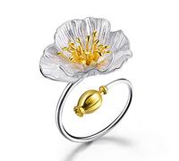 Springlight ✦ Gifts for Women S925 Sterling Silver Ring Blooming Poppy Rings Open Rings Women Handmade Jewellery Birthday Gift for Women, Sterling Silver
