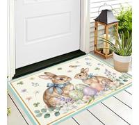 Springtime Flowers And Birds Door Mat, Easter Eggs Wild Rabbits Welcome Decorative Floor Mat with Non Slip Rubber Backing, Dirt Trapper Easy Cleaning Doormat for Indoor Entry Patio Garden 45x75cm