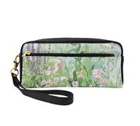 Springtime Herb Garden Printed Leather Makeup Bags with Wrist Strap Portable Travel Toiletry Bag Cosmetic Organizer Bag for Women