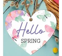 Springtime Wooden Heart Plaque - "Hello Spring" Quote | Easter Gift | Seasonal Home Decor | Versatile & Customisable Hanging Accessory | Handcrafted & Sustainable (Small: 10 cm (H) × 9 cm (W))