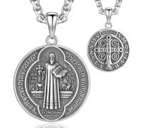 SPRINI Saint Benedict Medal Necklace, 925 Sterling Silver Patron Saint Pendant 1.1" x 1.1", Cross Charm with Adjustable Stainless Steel Chain 2.5mm 22" + Chain