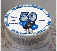 Sprinkles & Toppers Ltd Personalised 50th Birthday Balloons Blue 8" Edible Icing Cake Topper (Please Leave Personalisation as Gift Message)