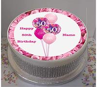 Sprinkles & Toppers Ltd Personalised 50th Birthday Balloons Pink 8" Edible Icing Cake Topper (Please Leave Personalisation as Gift Message)