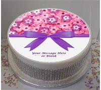 Sprinkles & Toppers Ltd Personalised Pink & Purple Flowers with Bow 8" Edible Icing Cake Topper (Please Leave Personalisation as Gift Message)