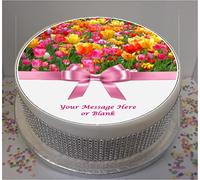Sprinkles & Toppers Ltd Personalised Pink & Yellow Tulips with Bow 8" Edible Icing Cake Topper (Please Leave Personalisation as Gift Message)