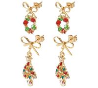 Spritewelry 2 Pairs Christmas Earrings for Women Wreath Christmas Tree GLass Dangle Stud Earrings Xmas Ornament Earring 20-33mm for Holiday Jewelry Gifts