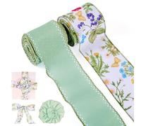 Spritewelry 2 Rolls Floral Wired Edge Ribbon Flower Butterfly Pattern Ribbon Spring Summer Decorative Ribbon for DIY Crafts Bowknot Bouquets Gift Wrapping