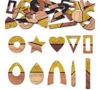 Spritewelry 20Pcs Walnut Wooden Resin Charms DIY Earrings Dangle Pendants Geometric Bohemian Teardrop Round Heart Wooden Charms with Glitter Powder for Jewelry Making