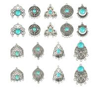 Spritewelry 27Pcs 9 Styles Alloy Synthetic Turquoise Links Charms Flower Flat Round Arch Shape, Antique Silver, Mixed Shapes
