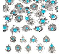 Spritewelry 27Pcs 9 Styles Alloy Synthetic Turquoise Pendants Chandelier Component Links, Flower Flat Round Arch Shape, Antique Silver, Mixed Shapes, Deep Sky Blue