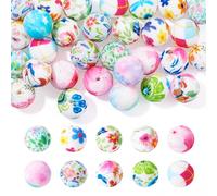 Spritewelry 30 Pcs 15mm Silicone Beads Floral Painted Round Silicone Focal Bead Flower Rubber Loose Spacer Balls for DIY Pen Lanyard Bracelets Jewelry Making