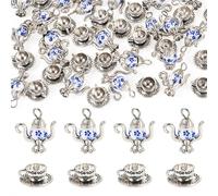 Spritewelry 40 Pcs Teapot Tea Cup Charms Vintage Antique Silver Coffee Pot Mug Pendants for Keychains Earring Necklace Jewelry Making