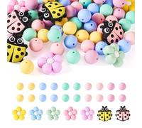 Spritewelry 59Pcs Silicone Beads Colorful Flower Ladybird Silicone Focal Beads Round Rubber Loose Spacer Balls for DIY Crafts Keychain Lanyard Jewelry Making