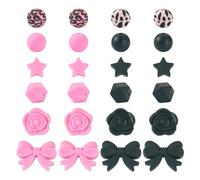 Spritewelry 64pcs Silicone Beads Black Pink Round Octagon Polygon Star Rose Bowknot Focal Beads Rubber Loose Beads for Keychain Necklace Bracelet Lanyard Jewelry Making