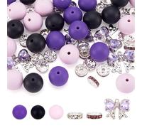 Spritewelry 65 Pcs Round Silicone Beads 15 mm Purple Black Rubber Focal Beads Flat Disc Rhinestone Beads Bow Knot Alloy Pendants for Necklace Key Chain Bracelet Accessory Earring Handicraft