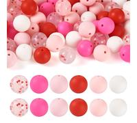 Spritewelry 65Pcs Round Silicone Beads Pink Red Heart Painted Silicone Focal Beads for DIY Crafts Keychain Lanyard Bracelet Jewelry Making Valentine’s Day Decor