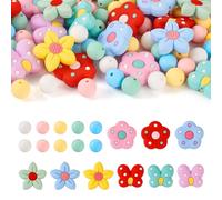 Spritewelry 66Pcs Silicone Beads Colorful Flower Butterfly Silicone Focal Beads Round Rubber Loose Spacer Balls for DIY Crafts Keychain Lanyard Jewelry Making