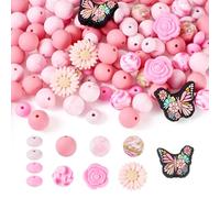Spritewelry 96Pcs Butterfly Silicone Beads Daisy Flower Focal Bead Soft Rubber Round Loose Spacer Beads Bulk for DIY Pen Keychain Lanyards Jewelry Making Hot Pink