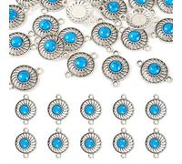 Spritewelry Tibetan Style Alloy Turquoise Connector Charms, Deep Sky Blue, Antique Silver, Flat Round, 21x19mm, Hole: 2mm
