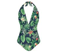 Sprowallow Swimsuits for Women One Piece Tummy Control V-Neck Halter High Cut Bathing Suits Vacation Swimwear, Palm Leaves, Large