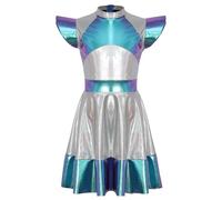 SPSMOKH Alien Girls Costume Shiny Flutter Sleeve Tutu Dance Dress Robot Theme Party Dress-up (Blue, 13-14 Years)